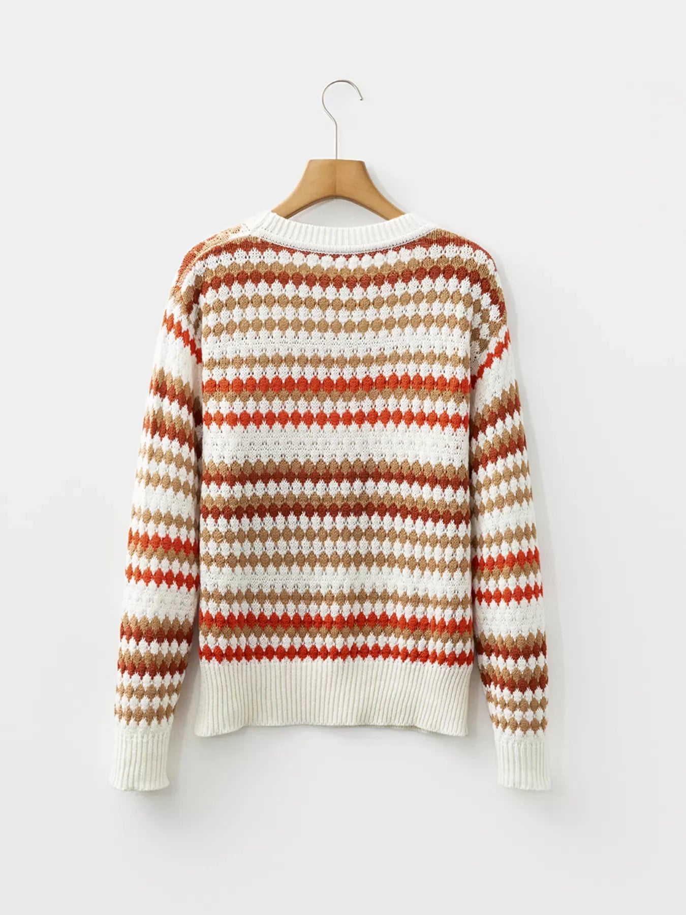 Stripe Eyelet Patterned Drop Shoulder Sweater
