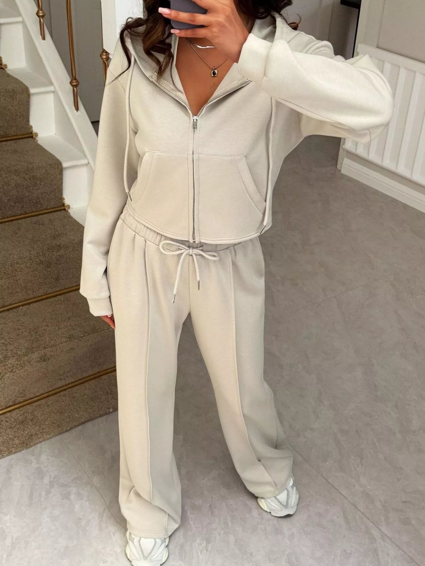 Zip-Up Hoodie and Wide Leg Pants Set