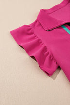 Striped Detail Flutter Sleeve Zipped Collar Top and Short Set