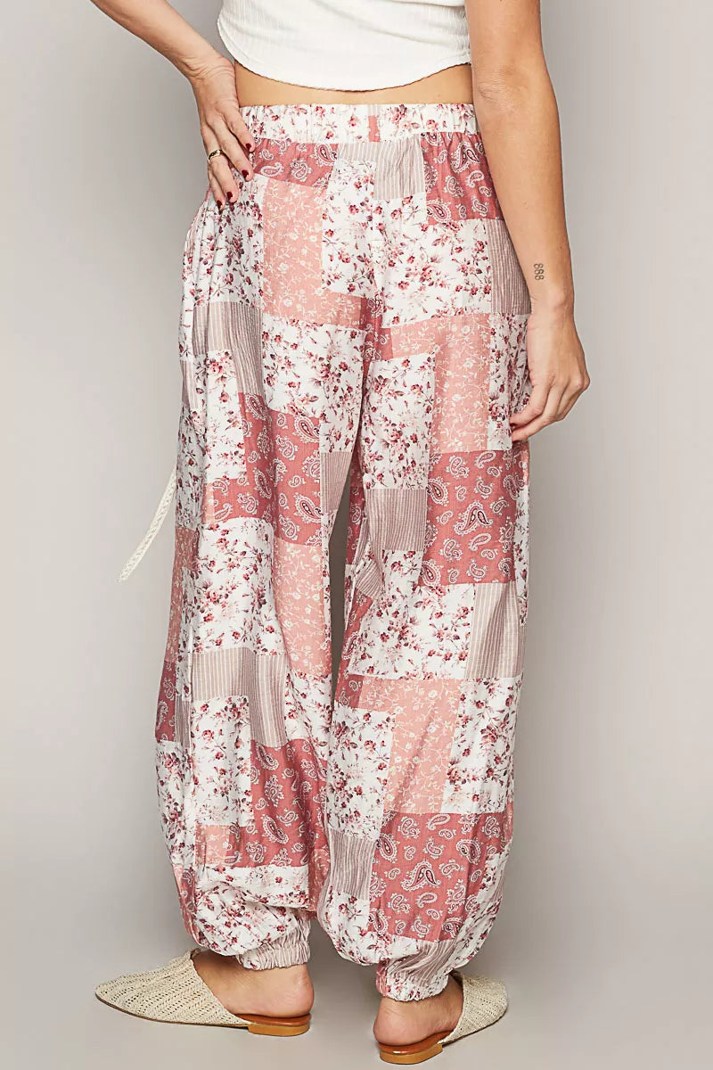 POL Drawstring Floral Patchwork Wide leg Pants