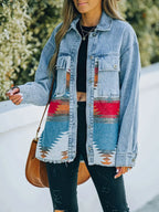 Printed Botton Down Long Sleeve Denim Jacket