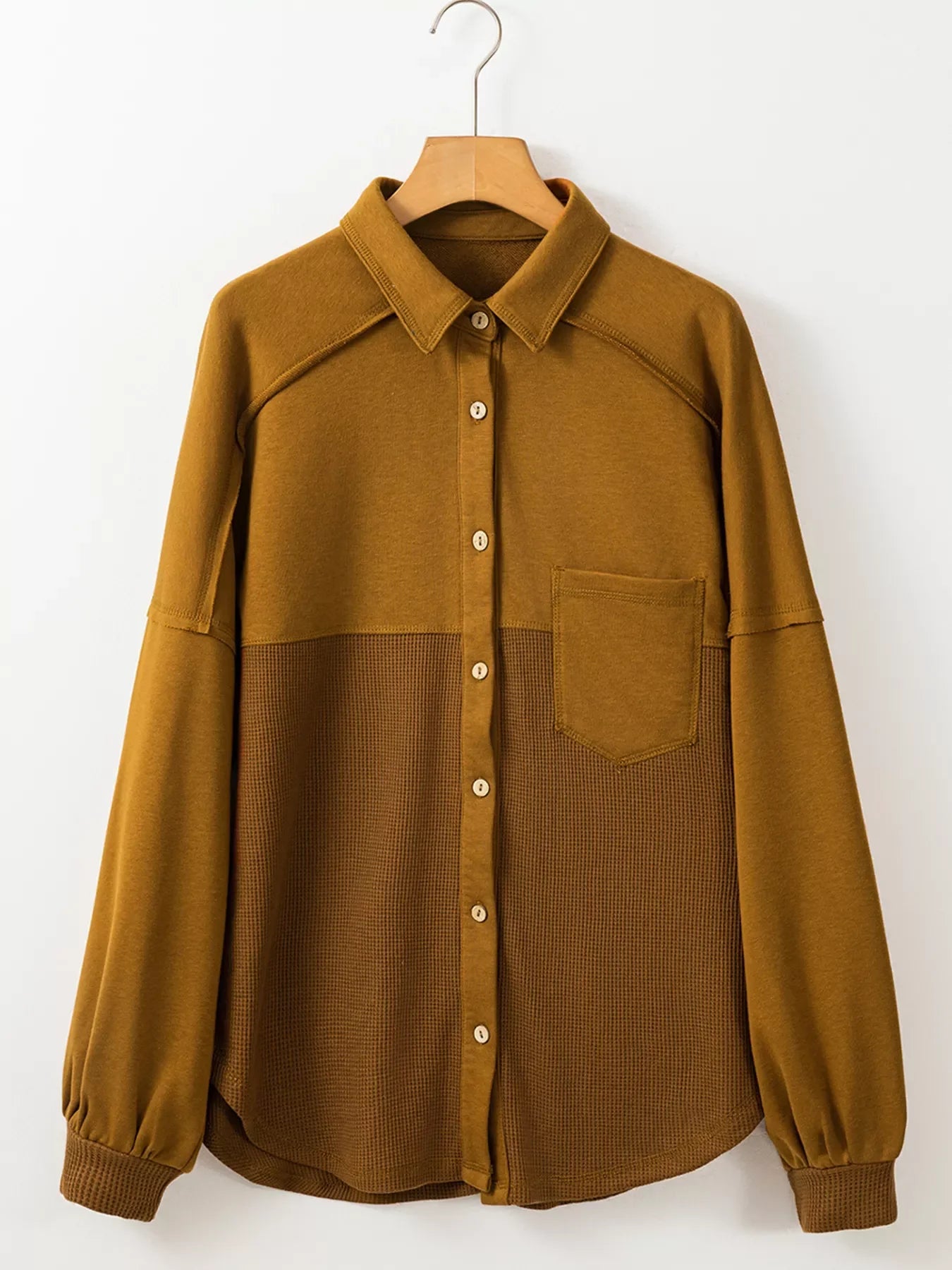 Waffle Knit Patchwork Exposed Seam Loose Shacket