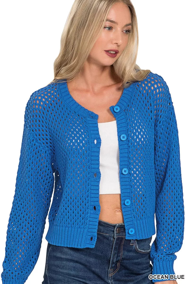 Zenana Button Down Lightweight Crochet Cardigan Sweater
