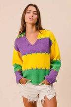 BiBi Stitch Detail Mardi Gras Stripes Sweater