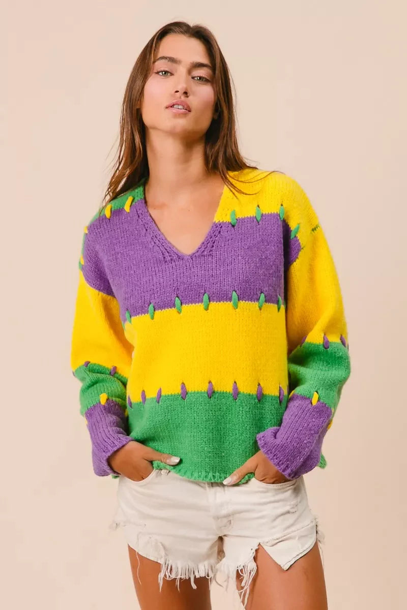 BiBi Stitch Detail Mardi Gras Stripes Sweater