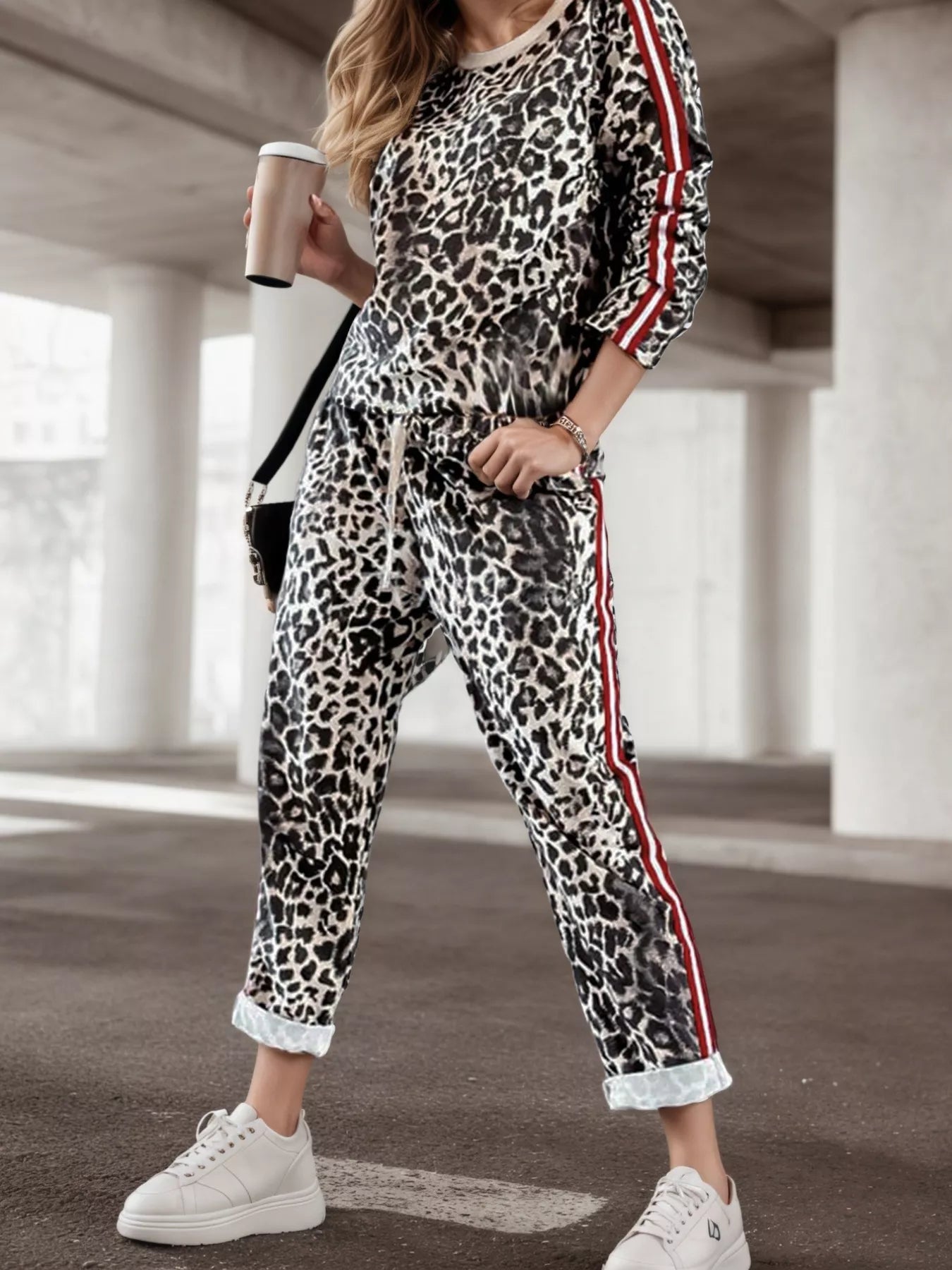 Stripe Leopard Print Top and Pants Set
