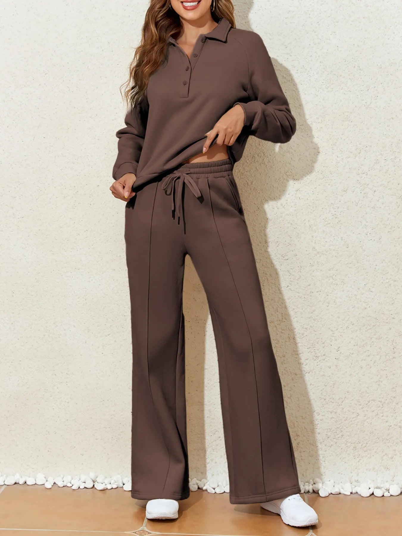 Collared Sweatshirt and High Waist Pants Active Set