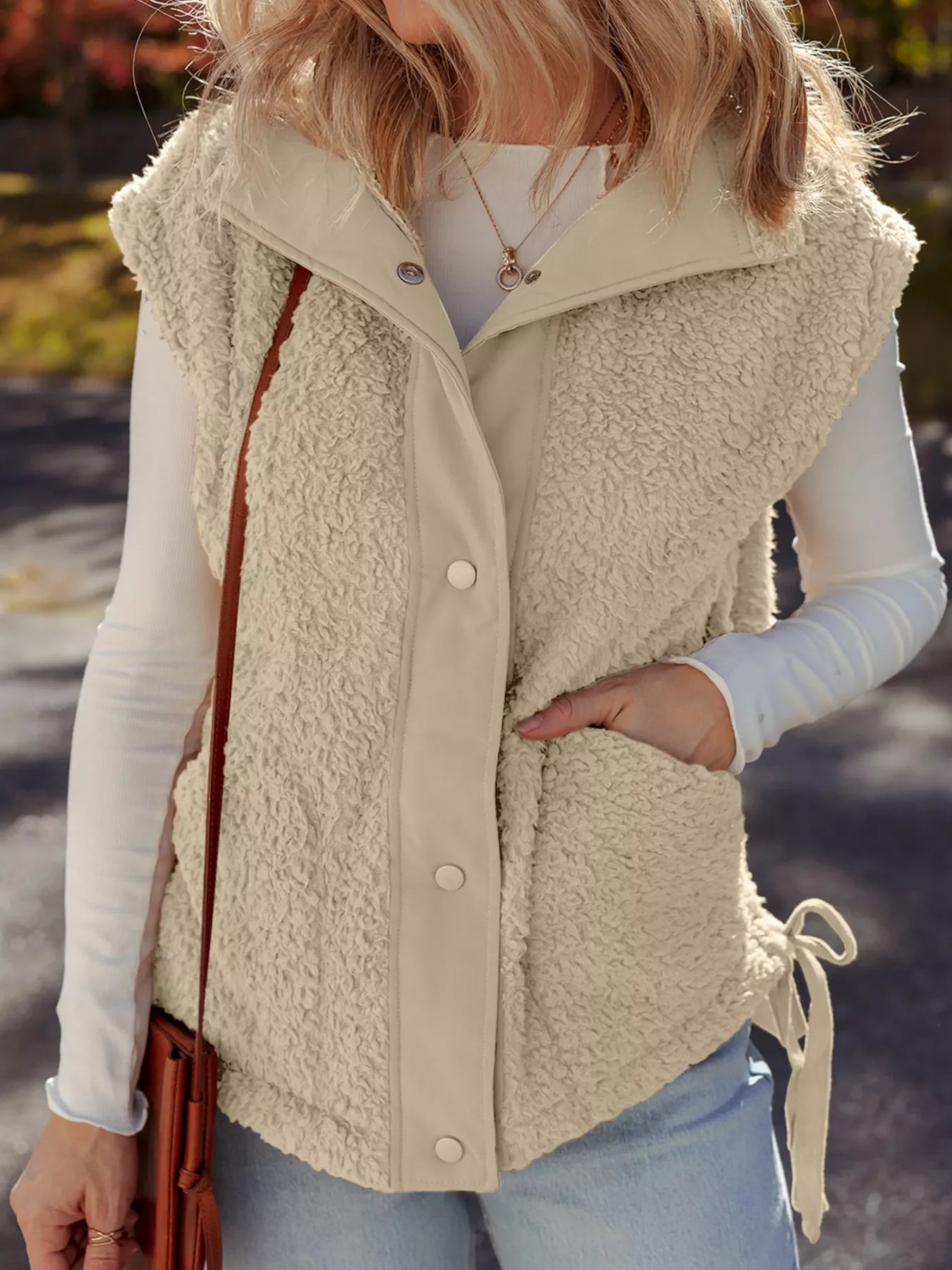 Faux Fur Snap Button Front Knot Side Plush Vest with Pockets