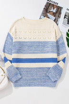 Openwork Striped Knit Long Sleeve Sweater