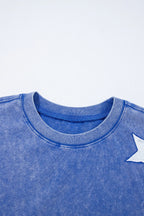 Acid Wash Star Patched Rolled Trim Top and Pants Set