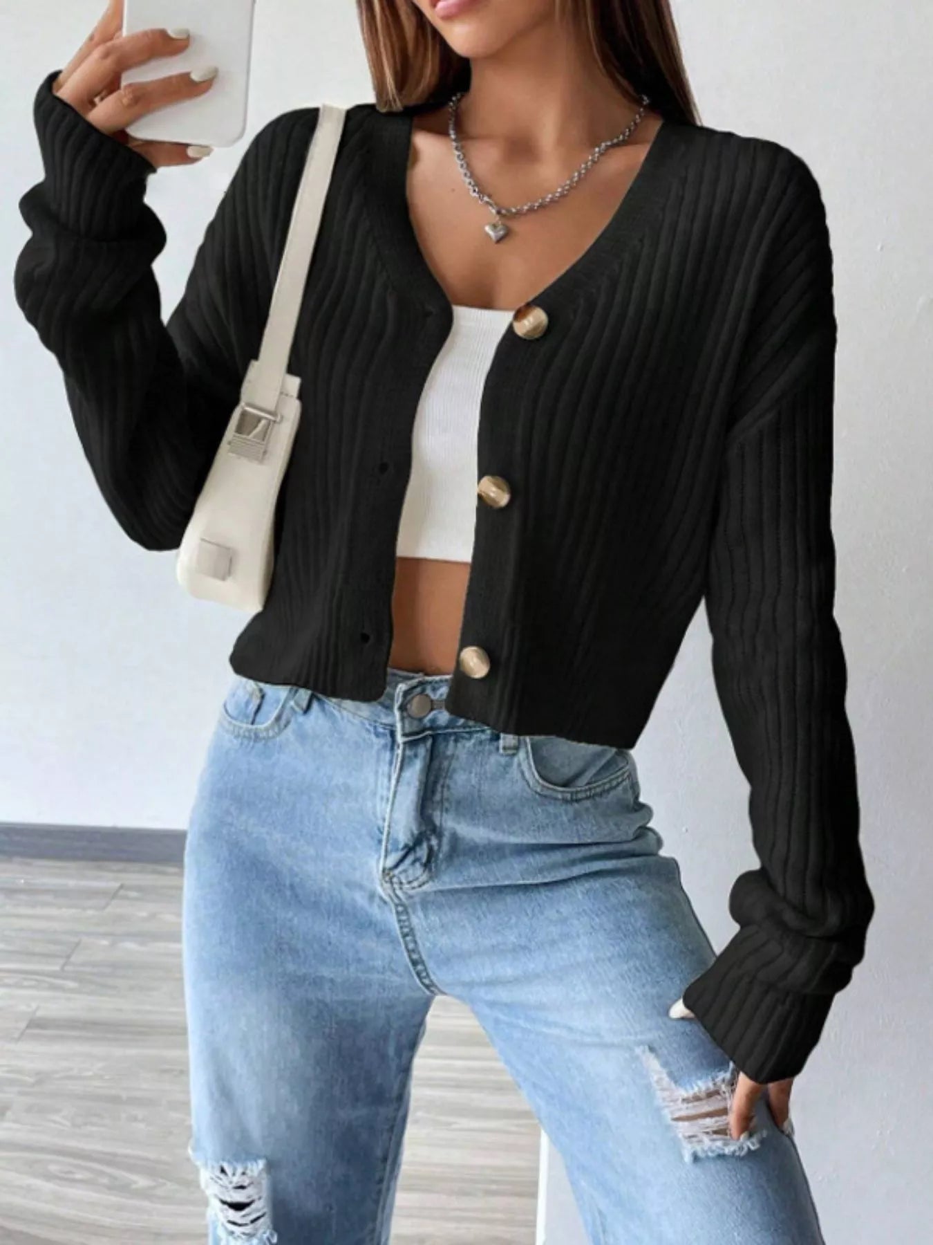 Ribbed Knit Button-Up Cropped Cardigan