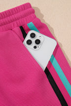 Striped Detail Flutter Sleeve Zipped Collar Top and Short Set