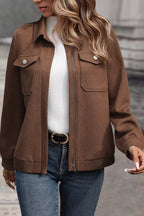 Solid Color Zip Up Button Flap Pocket Jackets