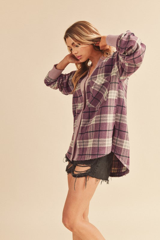 Aemi + Co Side Slit Patch Pocket Plaid Button Down Jacket
