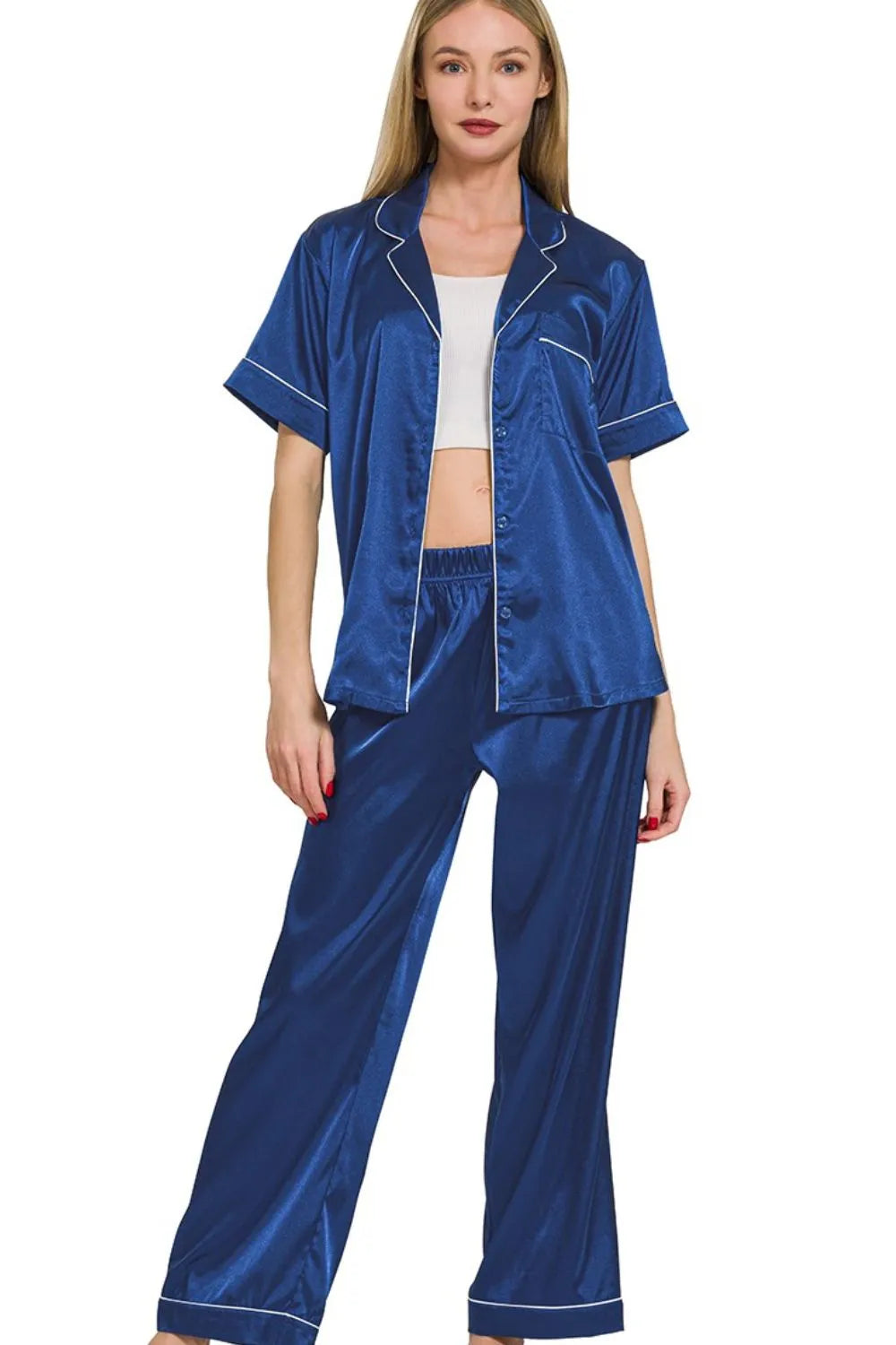 Zenana Satin Short Sleeve Top and Pants Pajama Set