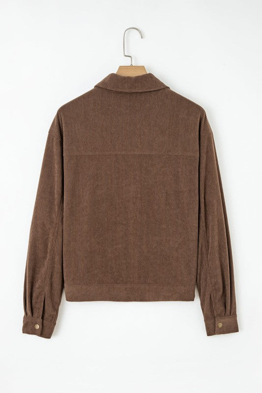 Solid Corduroy Lapel Collar Zip-Up Buttoned Jacket