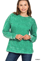 Zenana Acid Wash French Terry Exposed-Seam Pullover