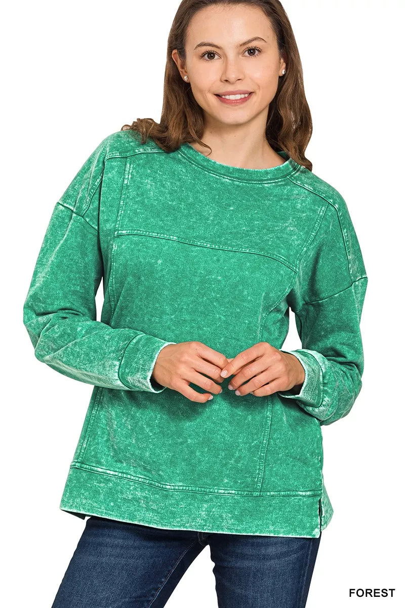 Zenana Acid Wash French Terry Exposed-Seam Pullover