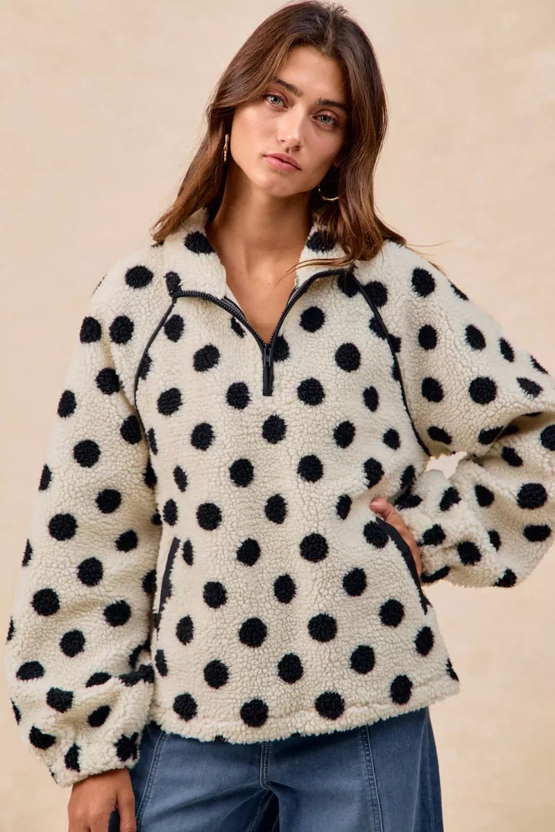 BiBi Polka Dot Sherpa Half Zip Up Top with Side Pocket