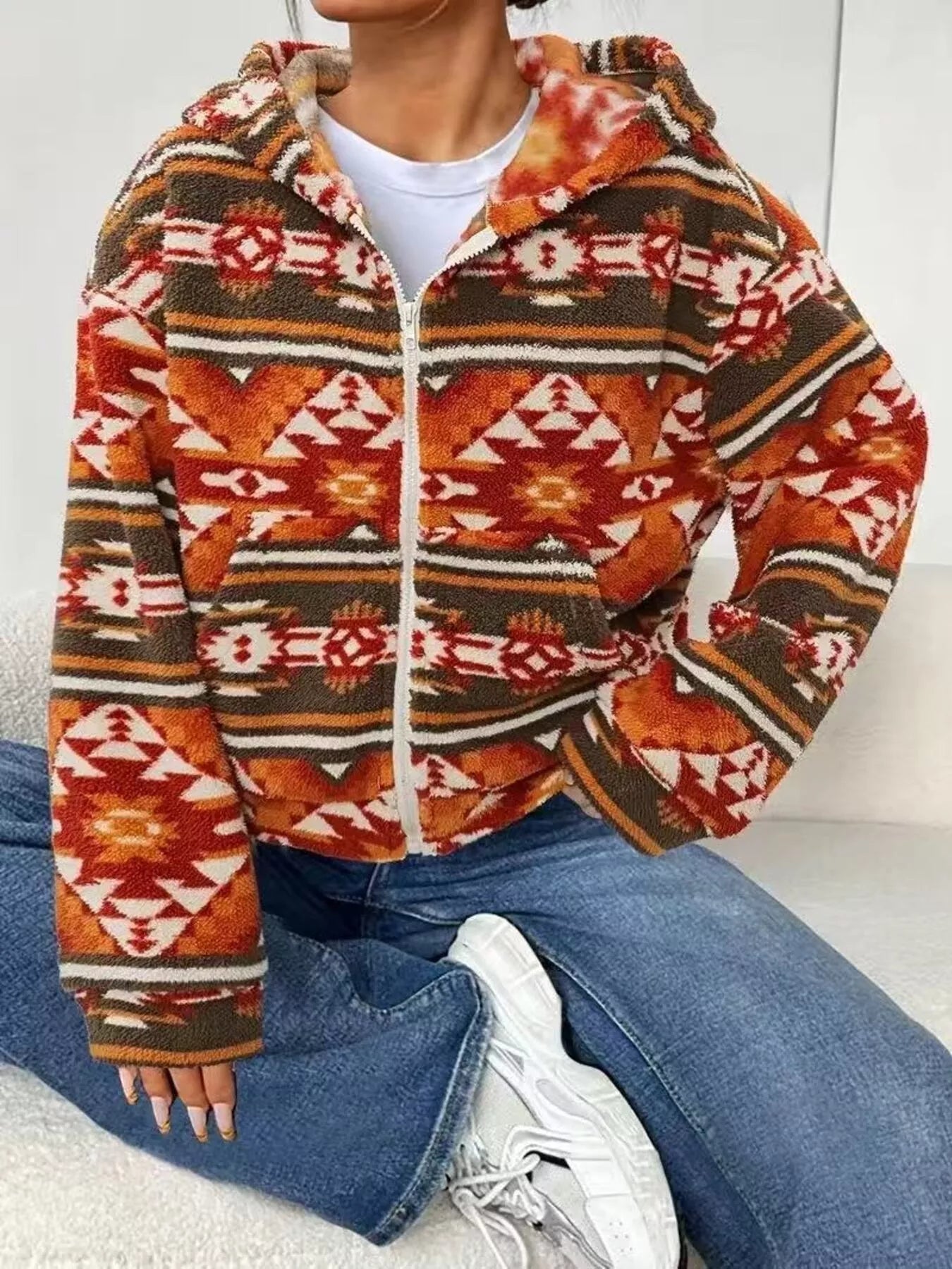 Aztec Print Zip Up Fuzzy Outerwear