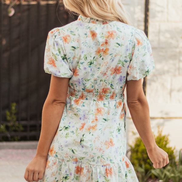 Katharine Floral Shirred High Waist Puff Sleeve Mini Dress