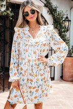 Katherine Floral Tie Neck Frilled Long Sleeve Dress
