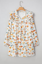 Katherine Floral Tie Neck Frilled Long Sleeve Dress