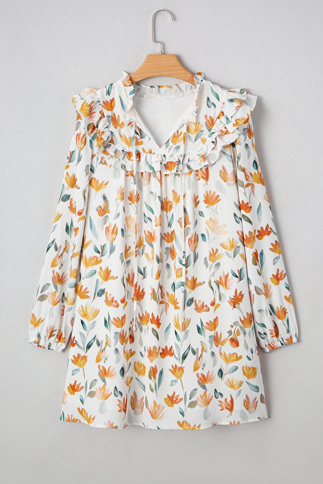 Katherine Floral Tie Neck Frilled Long Sleeve Dress