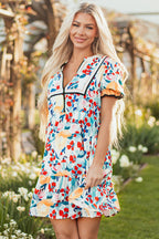 Laylani Floral Zipper Ruffled Short Sleeve High Waist Mini Dress