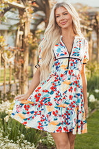 Laylani Floral Zipper Ruffled Short Sleeve High Waist Mini Dress