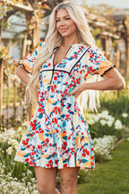 Laylani Floral Zipper Ruffled Short Sleeve High Waist Mini Dress