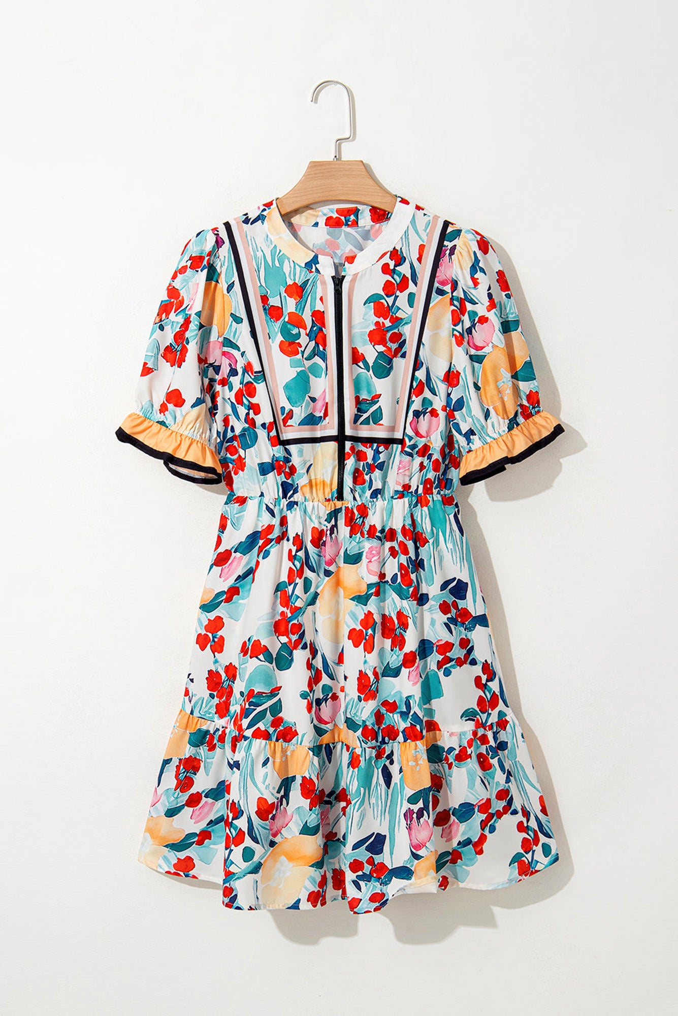 Laylani Floral Zipper Ruffled Short Sleeve High Waist Mini Dress