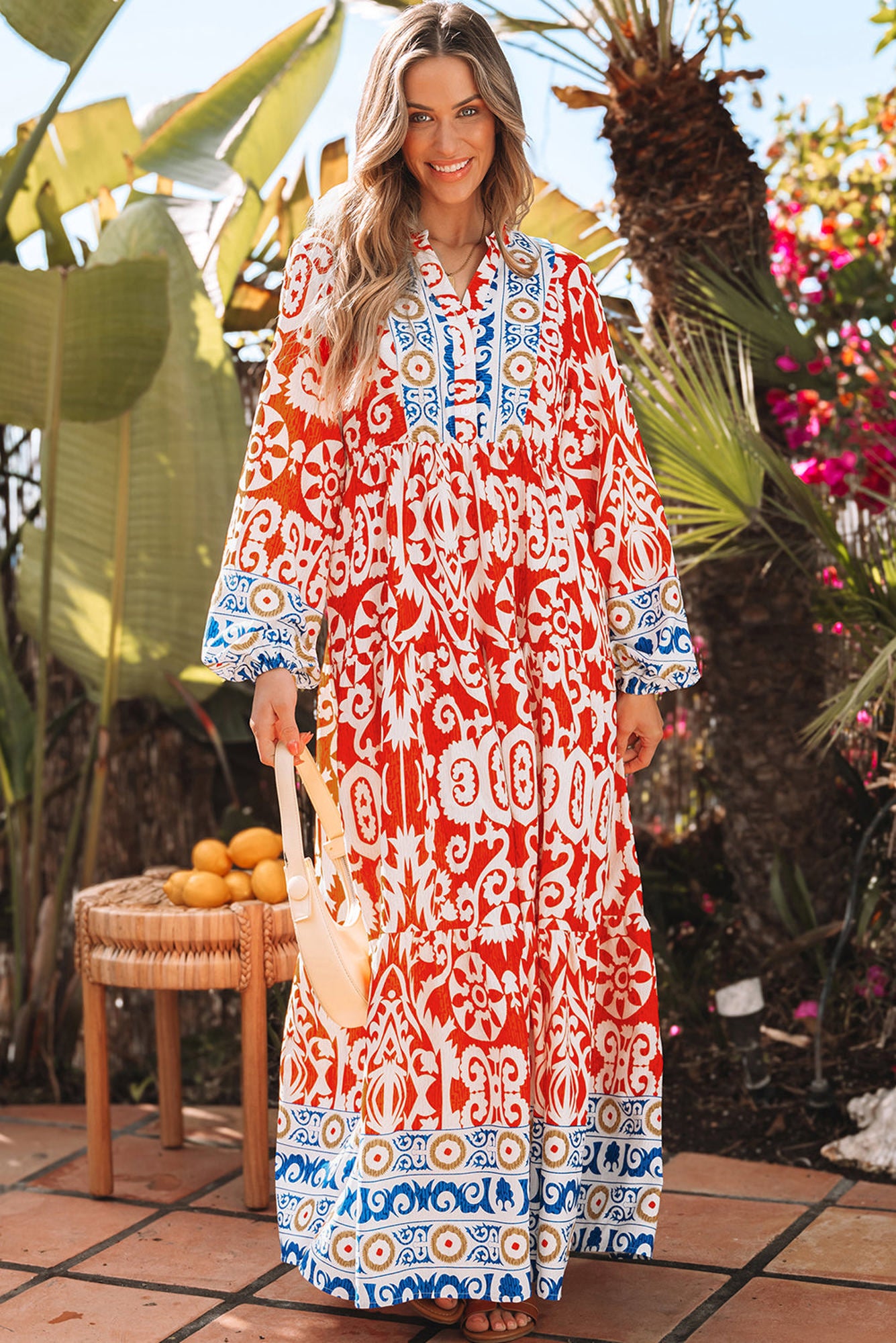 Lenora Boho Geometric Printed Long Sleeve Maxi Dress