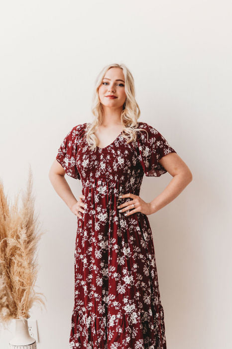 Laurel Smocked Midi Dress Floral with Flutter Sleeves