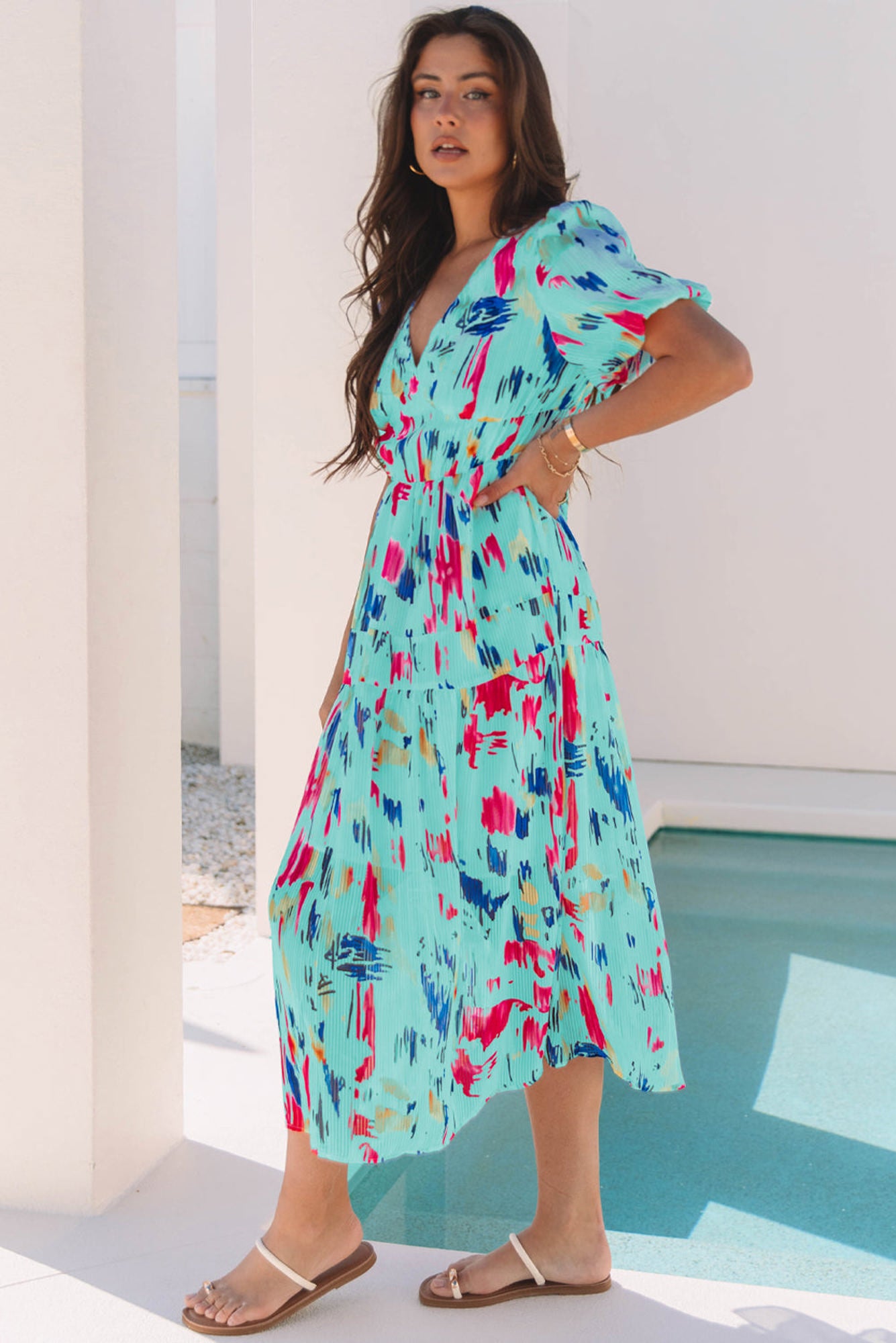 Roselyn Abstract Short Puff Sleeve Tiered Maxi Dress
