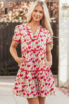 Ruby Floral Puff Sleeve Tiered Ric Rac Pocketed Mini Dress