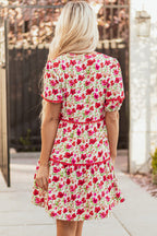 Ruby Floral Puff Sleeve Tiered Ric Rac Pocketed Mini Dress