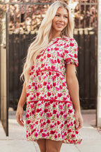 Ruby Floral Puff Sleeve Tiered Ric Rac Pocketed Mini Dress