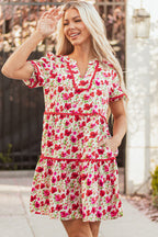 Ruby Floral Puff Sleeve Tiered Ric Rac Pocketed Mini Dress