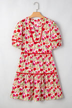 Ruby Floral Puff Sleeve Tiered Ric Rac Pocketed Mini Dress
