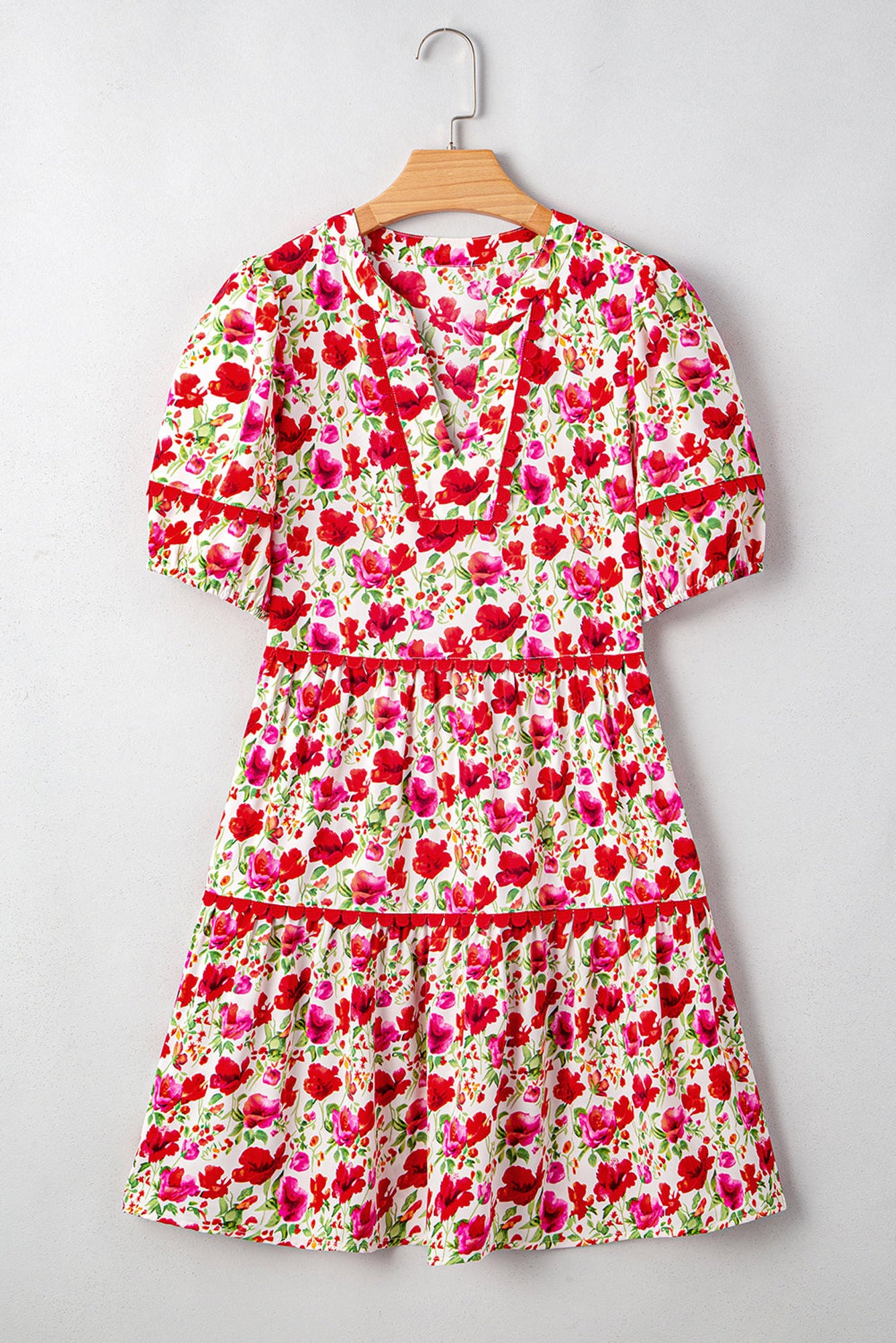Ruby Floral Puff Sleeve Tiered Ric Rac Pocketed Mini Dress