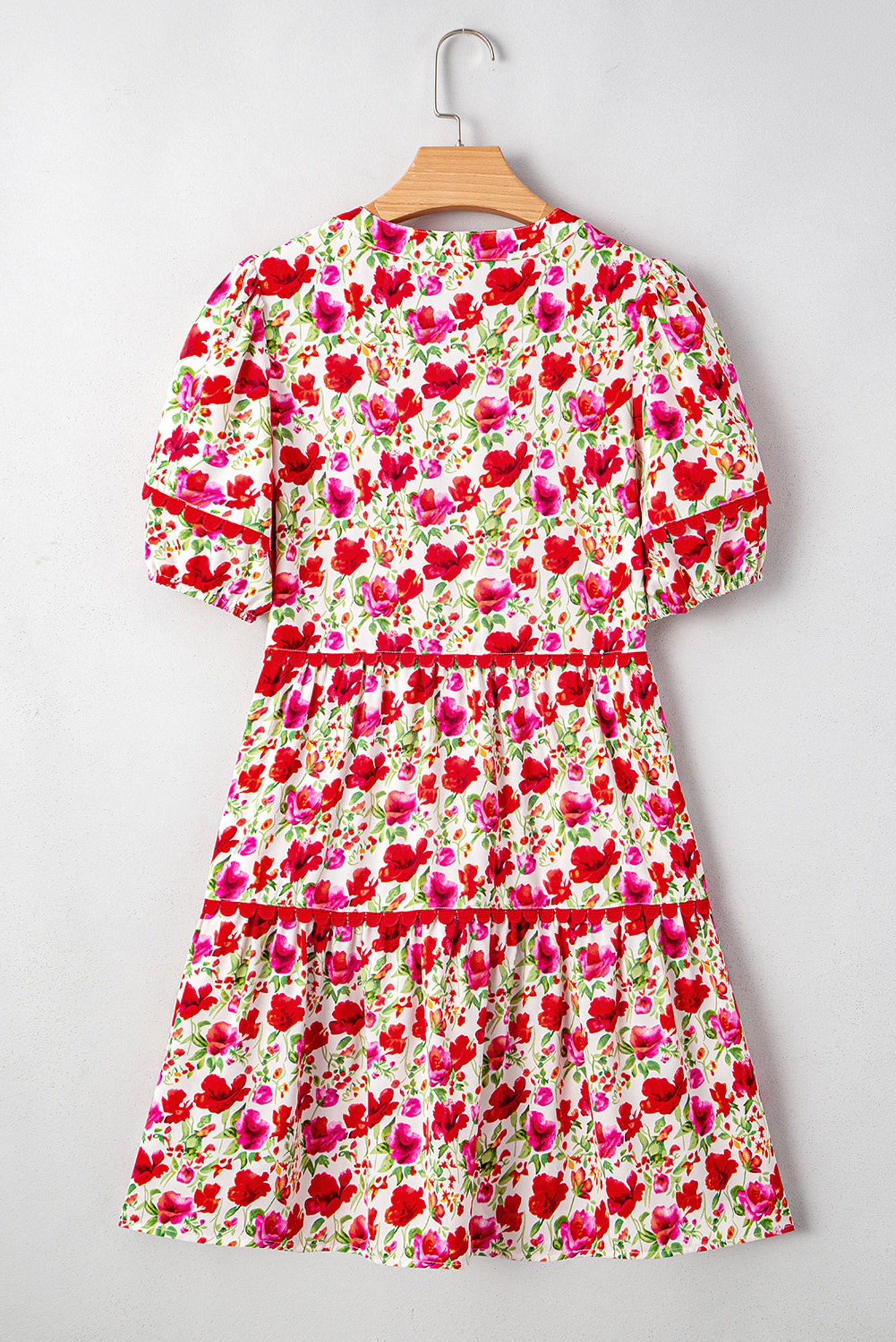 Ruby Floral Puff Sleeve Tiered Ric Rac Pocketed Mini Dress