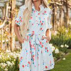 Siya Blue Stripe Floral Ruffle Short Sleeve Belted Mini Dress