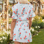 Siya Blue Stripe Floral Ruffle Short Sleeve Belted Mini Dress