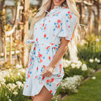 Siya Blue Stripe Floral Ruffle Short Sleeve Belted Mini Dress