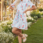 Siya Blue Stripe Floral Ruffle Short Sleeve Belted Mini Dress