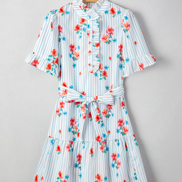 Siya Blue Stripe Floral Ruffle Short Sleeve Belted Mini Dress