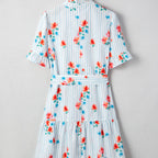 Siya Blue Stripe Floral Ruffle Short Sleeve Belted Mini Dress