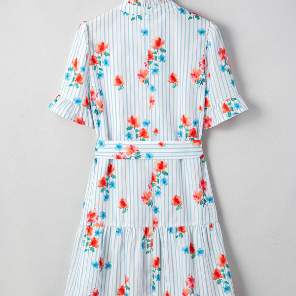 Siya Blue Stripe Floral Ruffle Short Sleeve Belted Mini Dress