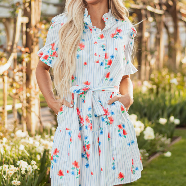 Siya Blue Stripe Floral Ruffle Short Sleeve Belted Mini Dress